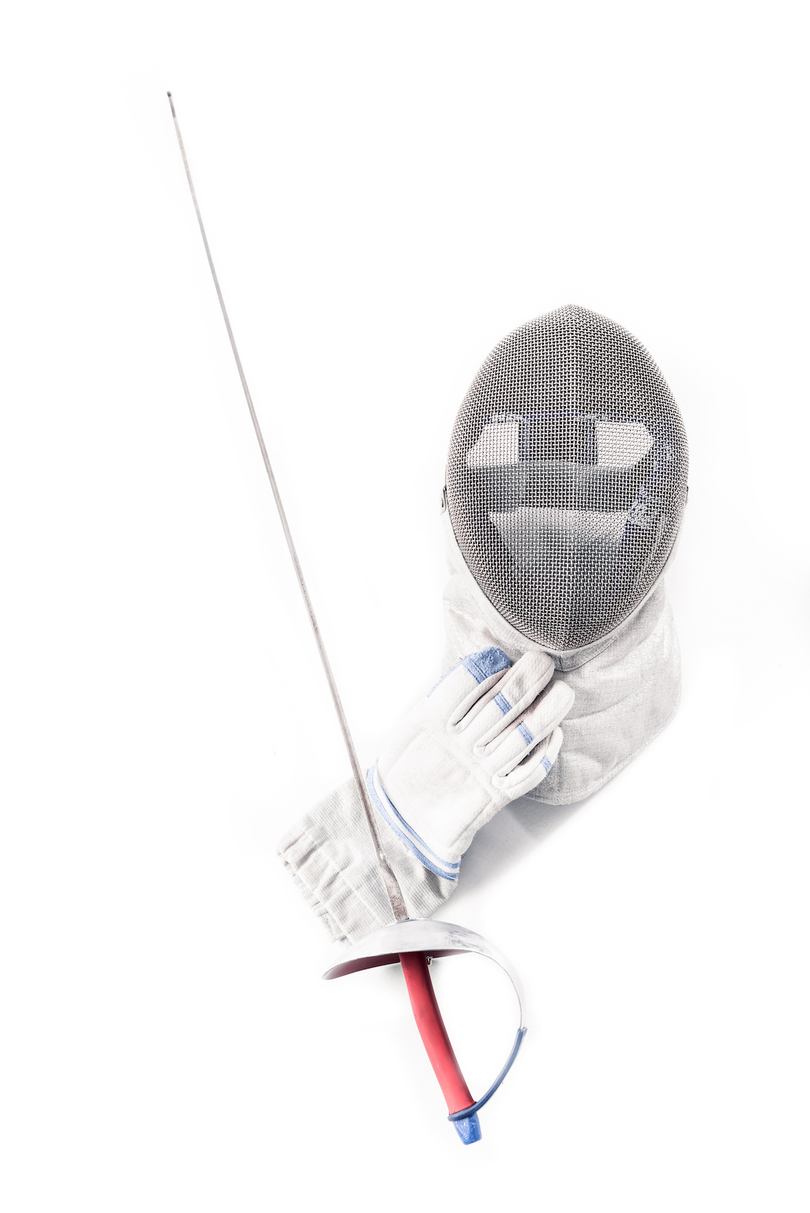 Professional fencing equipment, mask, glove and rapier isolated on white